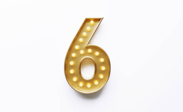 istock Gold Colored Number 6 Illuminated By Light Bulbs on White Background 1562966427
