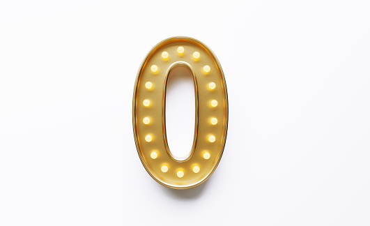 Gold colored number 0 illuminated by light bulbs on white background. Horizontal composition with copy space.