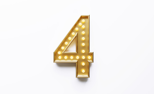 Gold colored number 4 illuminated by light bulbs on white background. Horizontal composition with copy space.