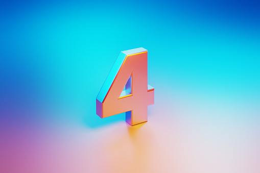 Metallic number four illuminated by blue and pink lights on blue and pink background. Horizontal composition with copy space.