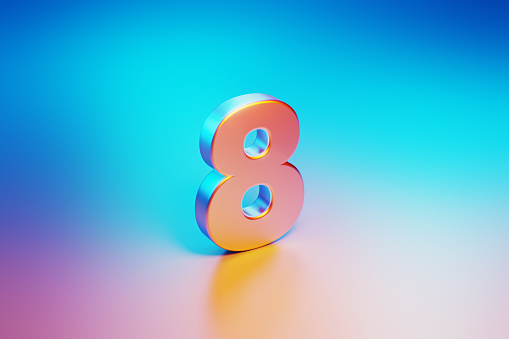 Metallic number eight illuminated by blue and pink lights on blue and pink background. Horizontal composition with copy space.