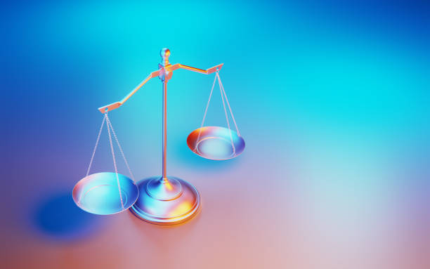 Metallic Scale Illuminated By Blue And Pink Lights On Blue And Pink Background Metallic scale illuminated by blue and pink lights on blue and pink background. Horizontal composition with copy space. justice concept stock pictures, royalty-free photos & images