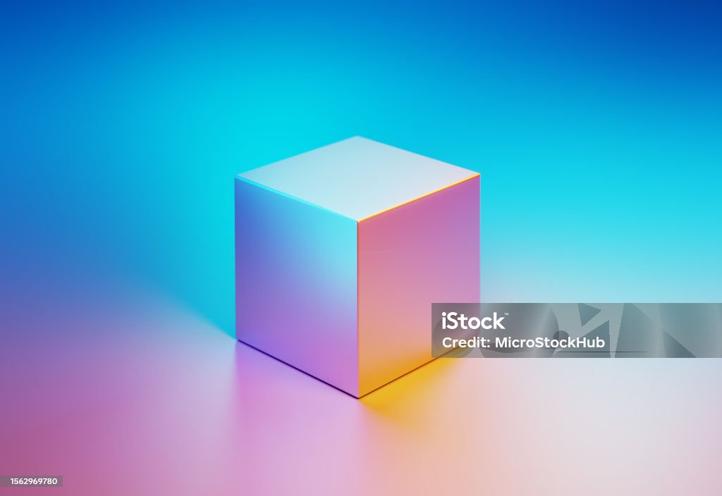 Metallic Cube Object Illuminated By Blue And Pink Lights On Blue And Pink Background Metallic cube object illuminated by blue and pink lights on blue and pink background. Horizontal composition with copy space. Puzzle Cube Stock Photo