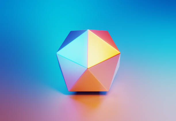 Metallic Polyhedron Object Illuminated By Blue And Pink Lights On Blue And Pink Background Metallic polyhedron object illuminated by blue and pink lights on blue and pink background. Horizontal composition with copy space. platonic solids stock pictures, royalty-free photos & images