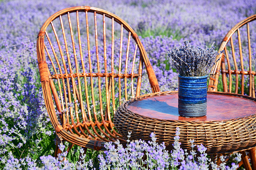 Bunch of lavender flower on wicker table