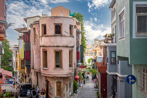 Istanbul Turkey - July 21, 2023: Street with colorful buildings in Balat Fener, Istanbul Turkey