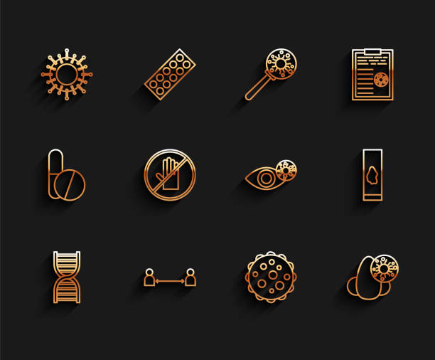 istock Set line DNA symbol, Safe distance, Virus, Runny nose and virus, No handshake, Blood test and Reddish eye due to icon. Vector 1562972657