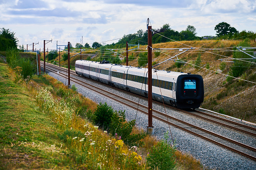 Train driving fast in nature