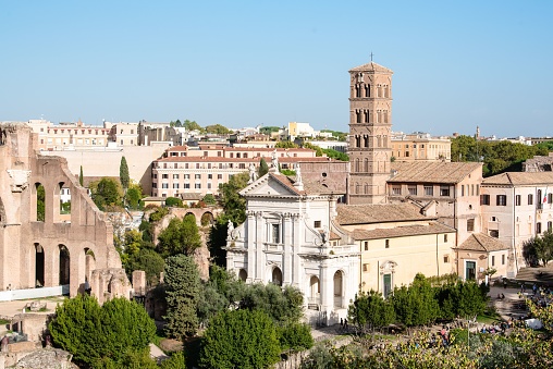 The skyline of Rome with Santa Francesca Romana in the foreground. Italy.