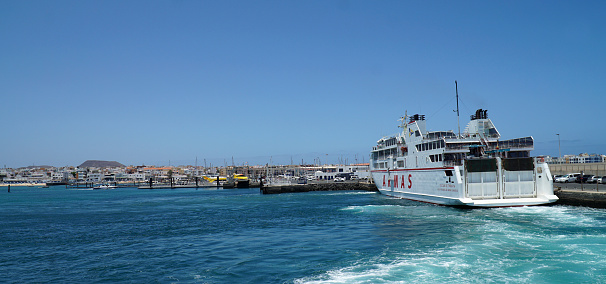 Corralejo, Fuerteventura, Spain - May 14, 2023: Armas Ferry docking at Corralejo Fuerteventura