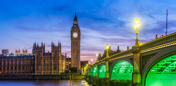 Panoramic night time view across the River Thames past the Westminster Bridge to Big Ben and the Houses of Parliament in the heart of London, UK.