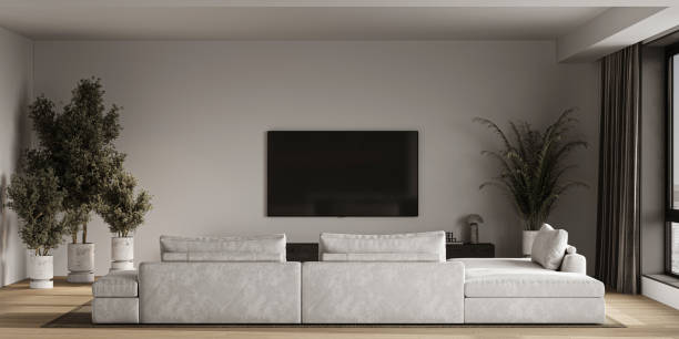istock Modern grey luxury minimalist interior livingroom with large gray modular sofa, panoramic windows and palm trees. TV wall mockup. 3d rendering. High quality 3d illustration 1562980523