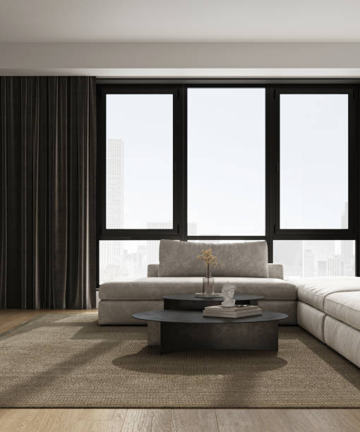 istock Modern grey luxury minimalist interior livingroom with large modular sofa, panoramic windows and city view. 3d rendering. High quality 3d illustration 1562980543