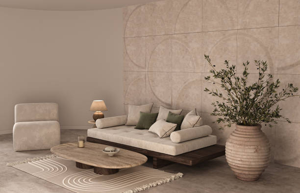 istock Modern bohemian interior composition with large scandinavian sofa with pillows, warm light lamp and decorative molding panels. 3d rendering. High quality 3d illustration 1562980646