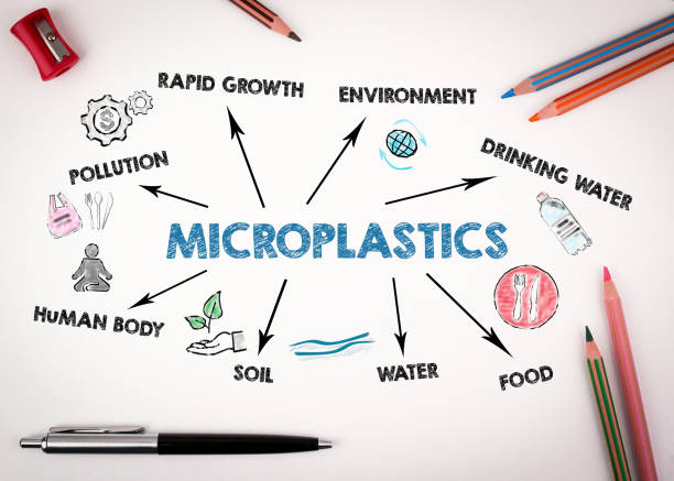 istock Microplastics Concept. Chart with keywords and icons on white desk with stationery 1562982088