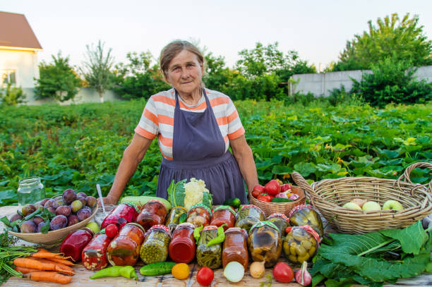 istock Senior woman preserving vegetables in jars. Selective focus. 1562988877