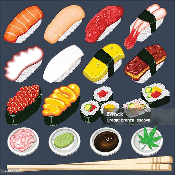 Coleção De Sushi Japonês - Arte vetorial de stock e mais imagens de Abacate - Abacate, Alga marinha, Alimentação Saudável