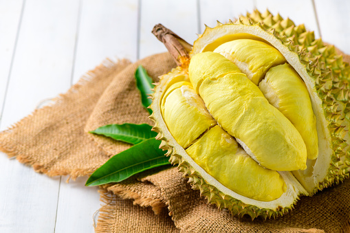 Durian fruit. Ripe monthong durian on sack and white wood background, king of fruit from Thailand on summer season