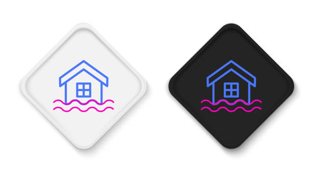 흰색 배경에 격리 된 라인 하우스 홍수 아이콘. 물 속에서 집 홍수. 보험 개념. 보안, 안전, 보호, 개념을 보호합니다. 다채로운 개요 개념. 벡터 - hurricane symbol cyclone square shape stock illustrations