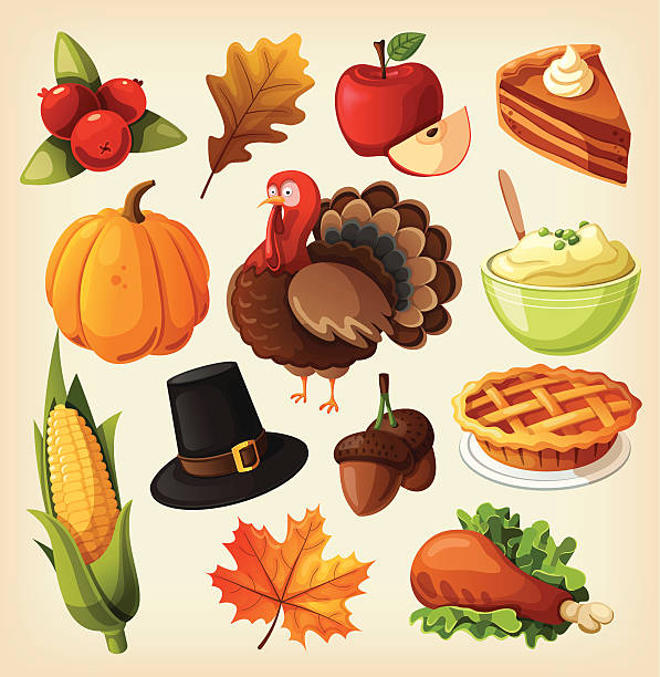 ilustraciones, imágenes clip art, dibujos animados e iconos de stock de conjunto de iconos coloridos dibujos animados para el día de acción de gracias. - portion apple food pattern