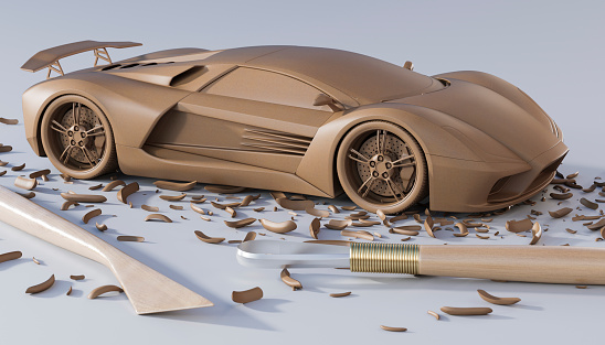 A clay concept model of a sports car. Unique design, modelled entirely by myself. Very high resolution 3D render. All markings are fictitious.