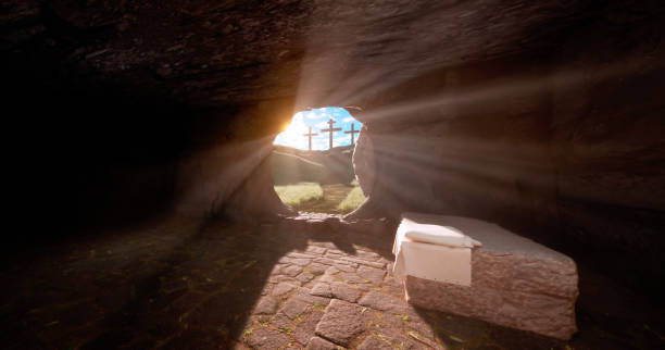 istock Jesus Christ resurrection and three crosses on the hill from inside the grave 1563006949