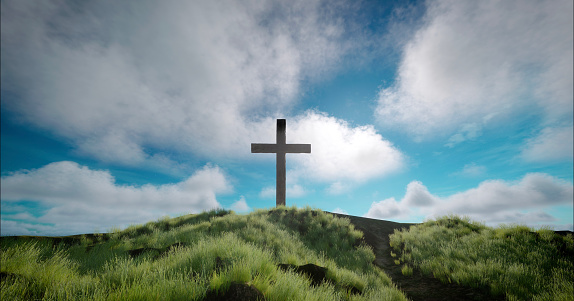 One cross on the hill with clouds moving on blue starry sky. Easter, resurrection, new life, redemption concept.