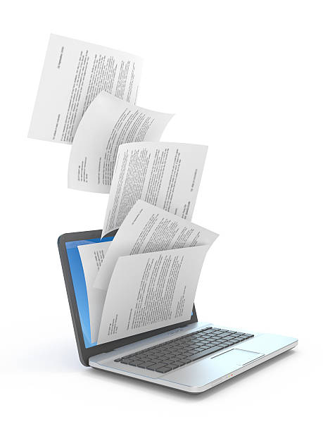 a transferência de documentos. - paper document notebook laptop imagens e fotografias de stock