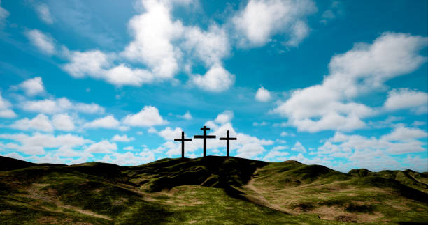 istock Three crosses on the hill with clouds moving on blue starry sky 1563007564