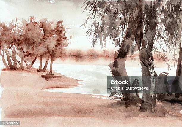 Watercolor Riverscape Stock Illustration - Download Image Now - Brown, Landscape - Scenery, White Color