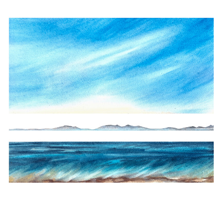 Beautiful blue seascape set. Skyline, waves, sea foam, turquoise water, cloud and blue sky. Hand-painted watercolor illustration background for your design, cards, postcards, banners.