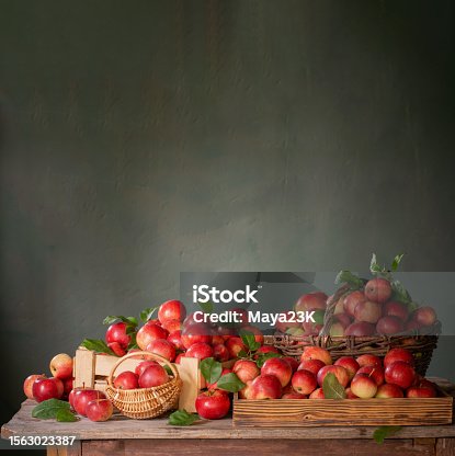 istock red apples on old wooden table on background green wall 1563023387