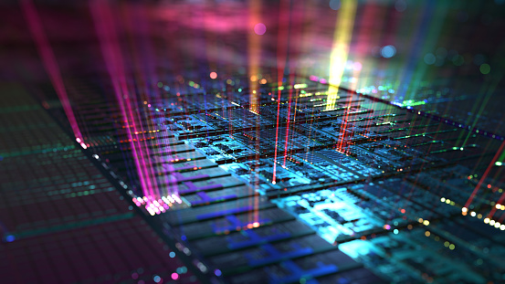 Abstract hologram 3D silicon CPU with futuristic matrix. Digital circuit components with Colorful Digitalization Process. Data and Computational Power of Machine Learning. 3D rendering