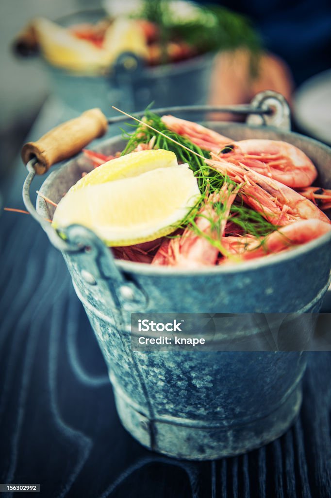 Bucket of pink shrimps Food Stock Photo