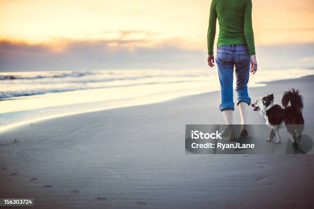 Dog And Woman At Oregon Coast Stock Photo - Download Image Now - Walking, Only Women, Rear View