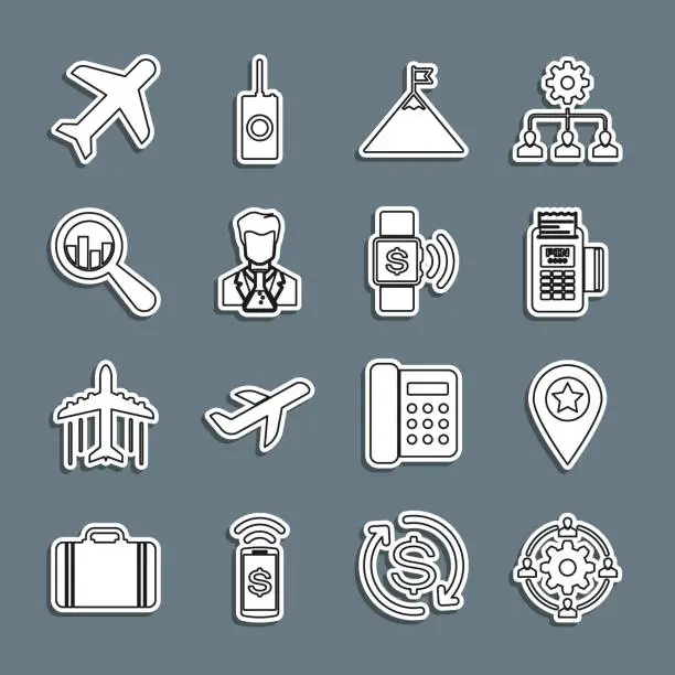 Vector illustration of Set line Outsourcing concept, Location with star, POS terminal, Mountains and flag, Scientist test tube, Magnifying glass analysis, Plane and Contactless payment icon. Vector
