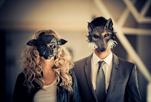 young couple wearing animal mask