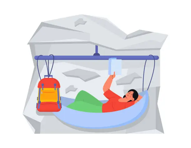 Vector illustration of Climber at mountain in hammock vector concept