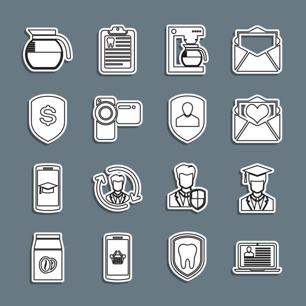 ilustrações de stock, clip art, desenhos animados e ícones de set line laptop with resume, graduate graduation cap, envelope valentine heart, coffee machine pot, cinema camera, shield and dollar, and user protection icon. vector - love teamwork cooperation machine