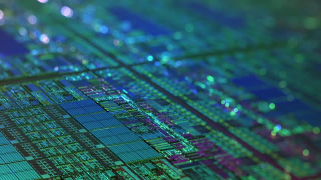 CPU Circuitry Die Shot Technology Background. Colorful data processing on silicon. Abstract data transfer. AI Processor, Quantum, virtualization of data. Chip lithography. 3D rendering, 4K loop.