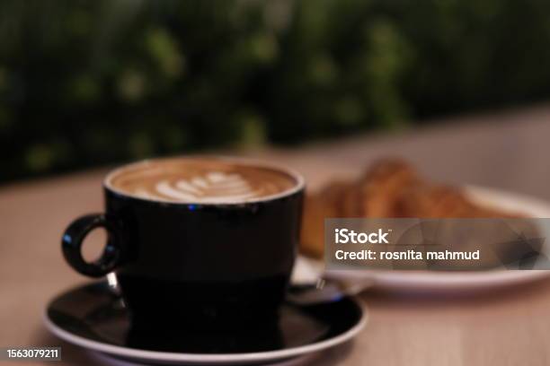 Selective Focus Of Cappucino With Latte Art And Croissant Stock Photo - Download Image Now