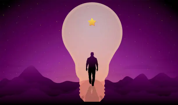 Vector illustration of A man walks through a bright light bulb shaped door to reach a shiny star on a purple background