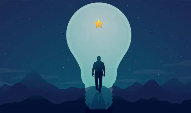 Vector illustration of A man walks through a bright light bulb shaped door to reach a shiny star on a blue green background