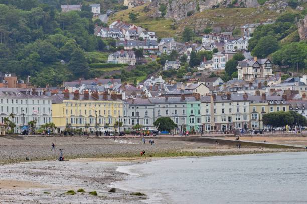 Buildings climbing up a hill by the beach and sea in Llandudno, Great Britain