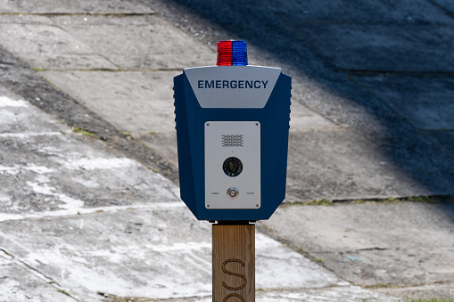 SOS, police, emergency button in the public park