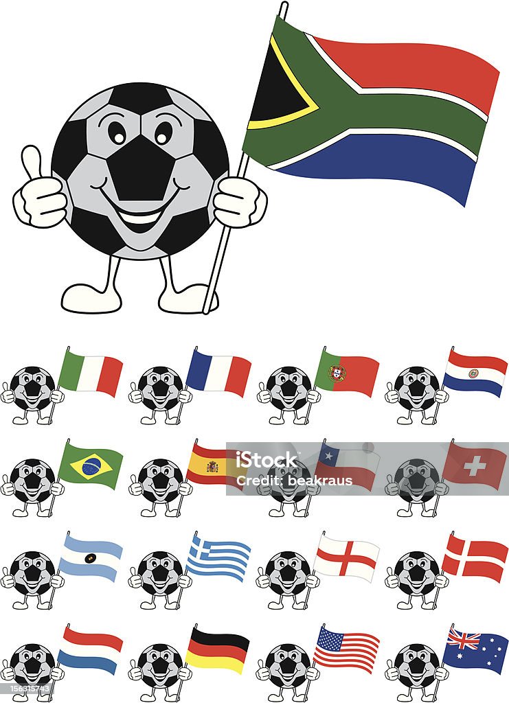 Mascotte avec drapeaux de ballon de football - clipart vectoriel de Championnat mondial de football libre de droits