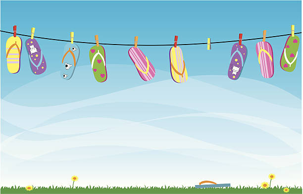 illustrations, cliparts, dessins animés et icônes de des tongs suspendus à laver ligne - summer flip flop clothesline fun