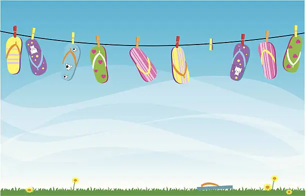 Vector illustration of Various flip flops hanging on washing line