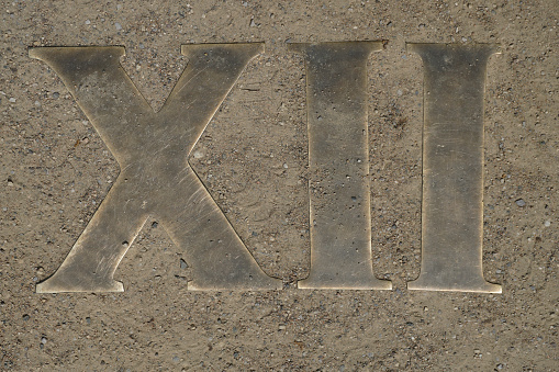 Details and elements. Roman numeral nine. Cast from brass. Sundial dial on earth.
