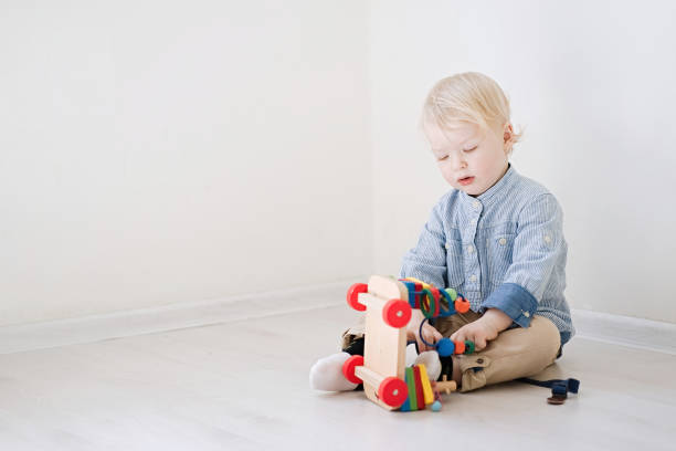 Cute little boy playing with colorful toys on floor at home, space for text